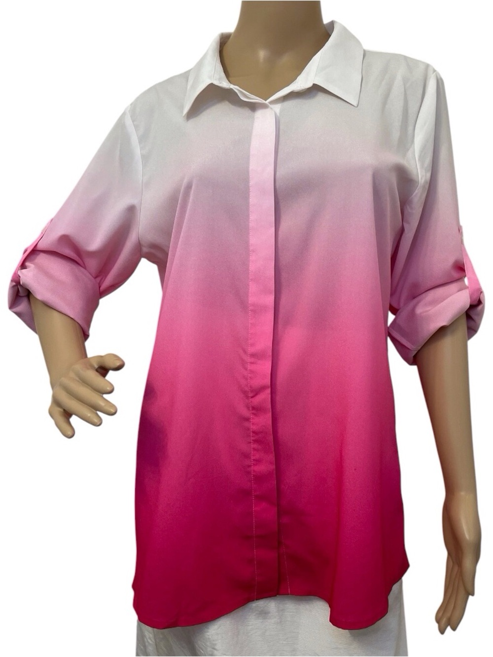 Calvin Klein Women's Ombre Pink White Button Down Shirt,L - Picture 2 of 12